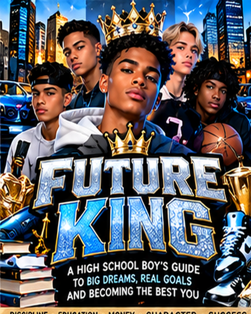 Future King digital eBook and workbook cover featuring diverse high-school boys in a bold blue, black, and gold city scene